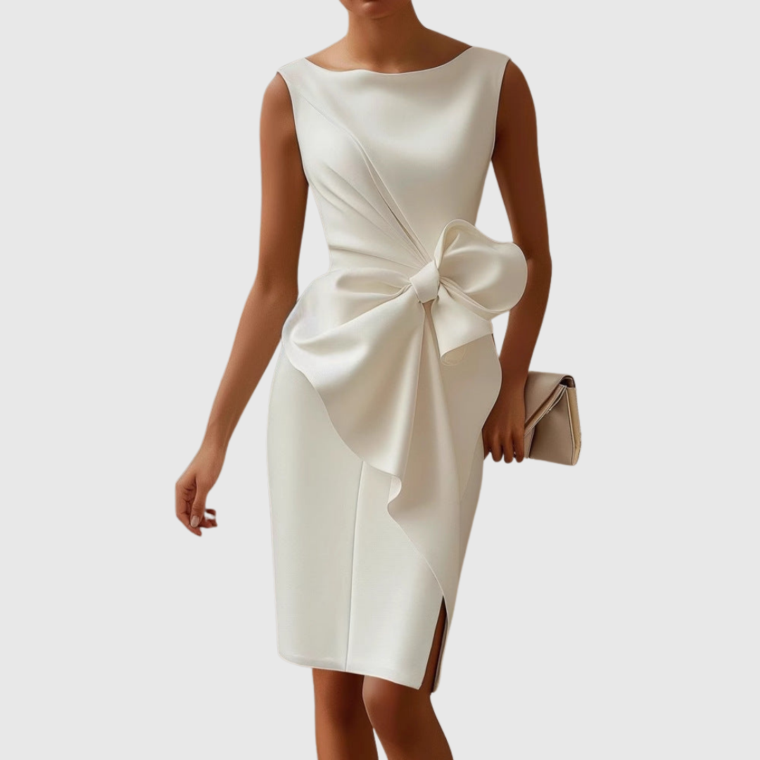 Eloise | Dames Midi Jurk met Bootnek en Mouwloos met Strikdetail