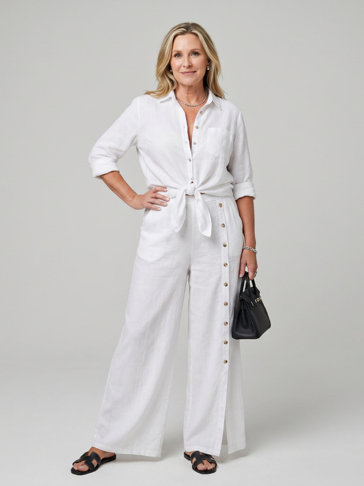 Maddelina | Langsleeve Top met Strik en Brede Pantalon Set
