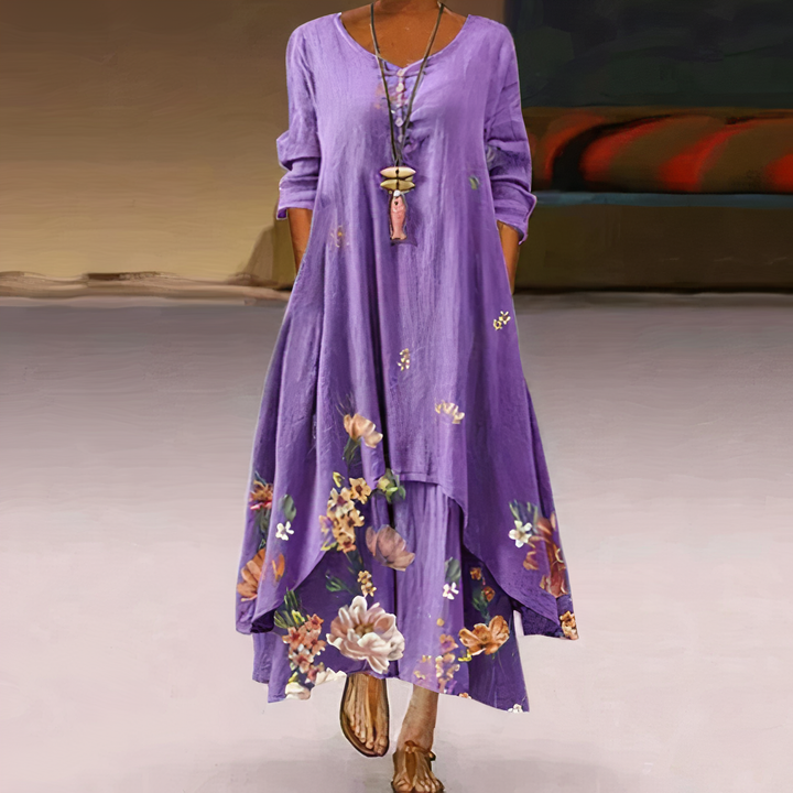 Flora | Dames Lange Mouwen Losse Maxi Jurk met Bloemenprint