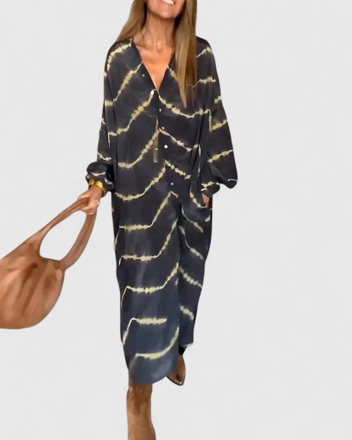 Nova | Dames Tie-Dye Print Knopen Midi Shirt Jurk