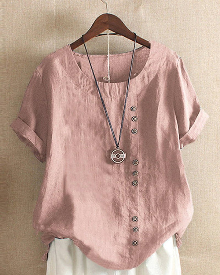 Linnen | Dames Knopen Voor Crew Neck Korte Mouw Casual Top