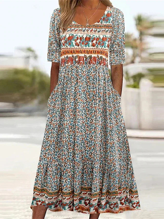 Janine™ | Jurk met Bohemian Print en Ronde Hals