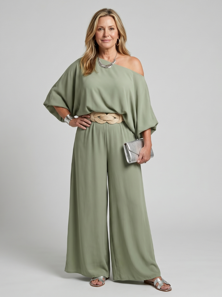 Siomara | Top met Één Schouder en Brede Mouwen en Brede Broek Set