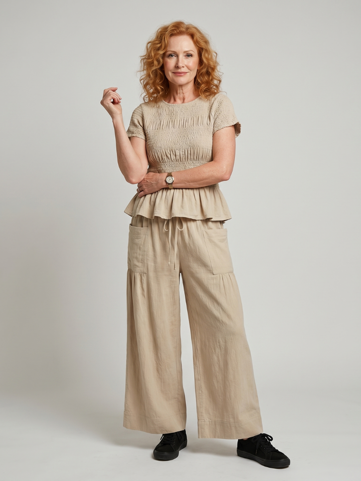 Eirenne | Peplum Detail Gerimpelde Top En Wijde Broek Set