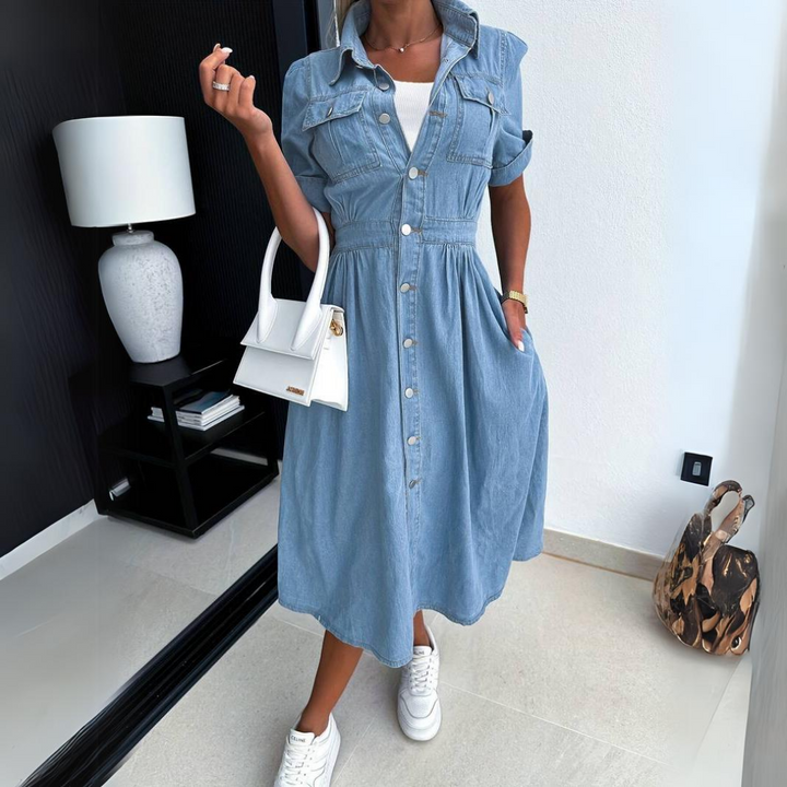 Jade | Dames Denim Knop-Up Midi Jurk Korte Mouwen