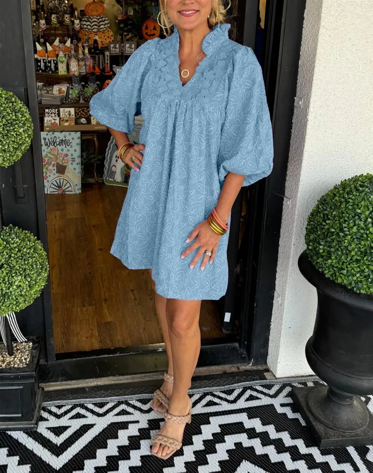 Faye | Dames Puff Sleeve Mini Jurk V-Hals Smock Babydoll