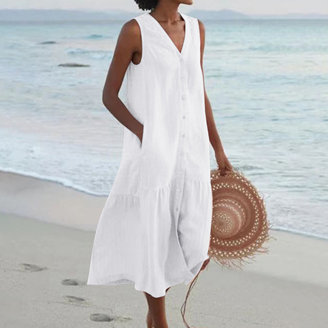 Barbara™ | Mouwloze Midi-jurk met Knopen