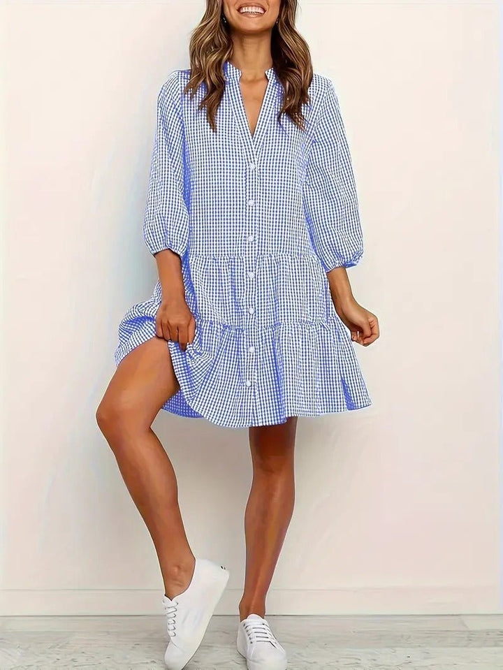 Rosie | Dames Gingham Print Knop-down Mini Jurk 3/4 Mouw