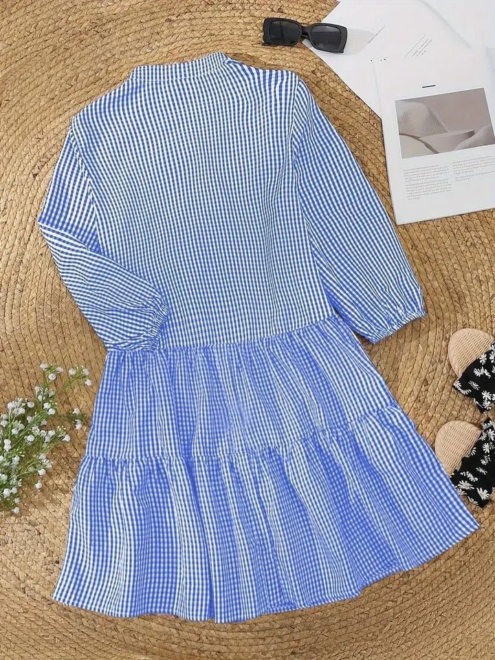 Rosie | Dames Gingham Print Knop-down Mini Jurk 3/4 Mouw