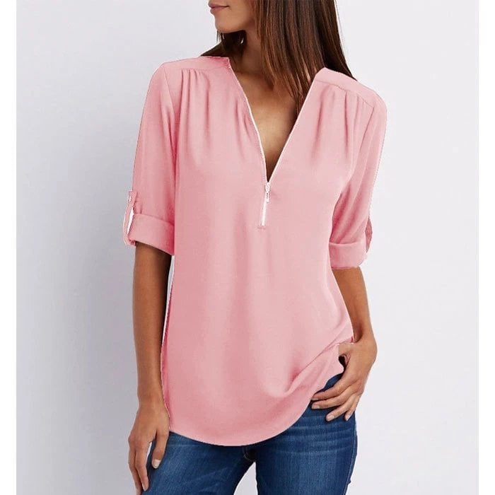 Rosé | Dames Zip-Up V-Hals Halve Mouw Casual Blouse Top