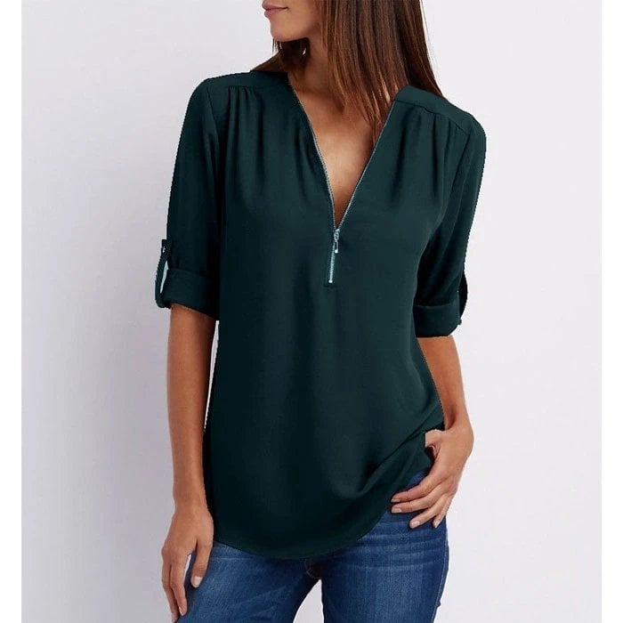 Rosé | Dames Zip-Up V-Hals Halve Mouw Casual Blouse Top