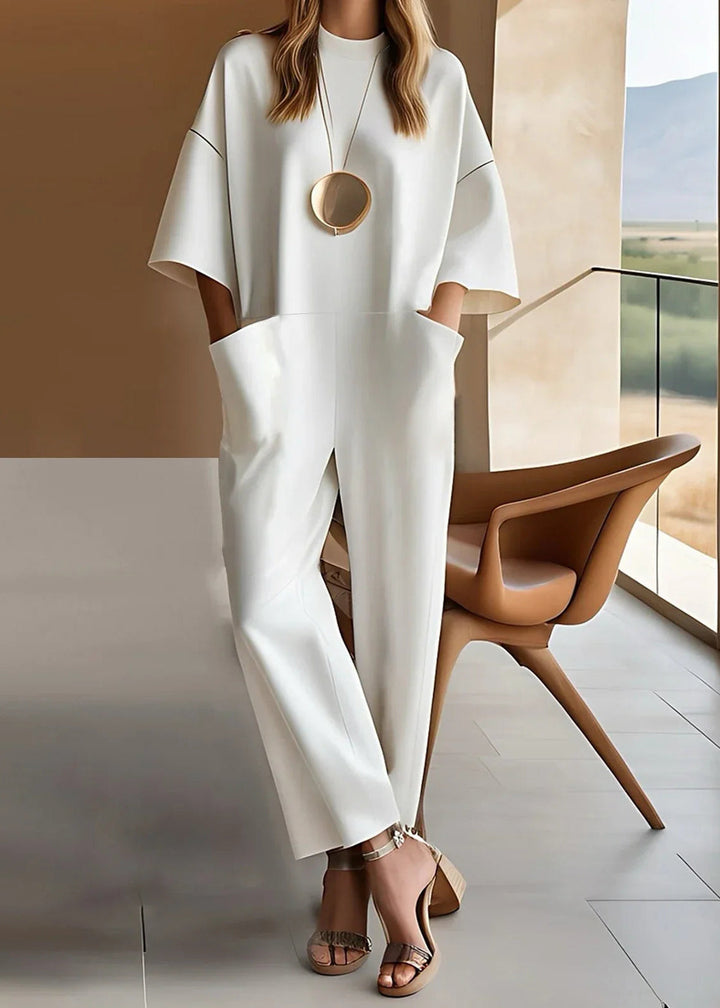 Aria | Dames Korte Mouw Wijde Pijpen Jumpsuit Met Ronde Hals