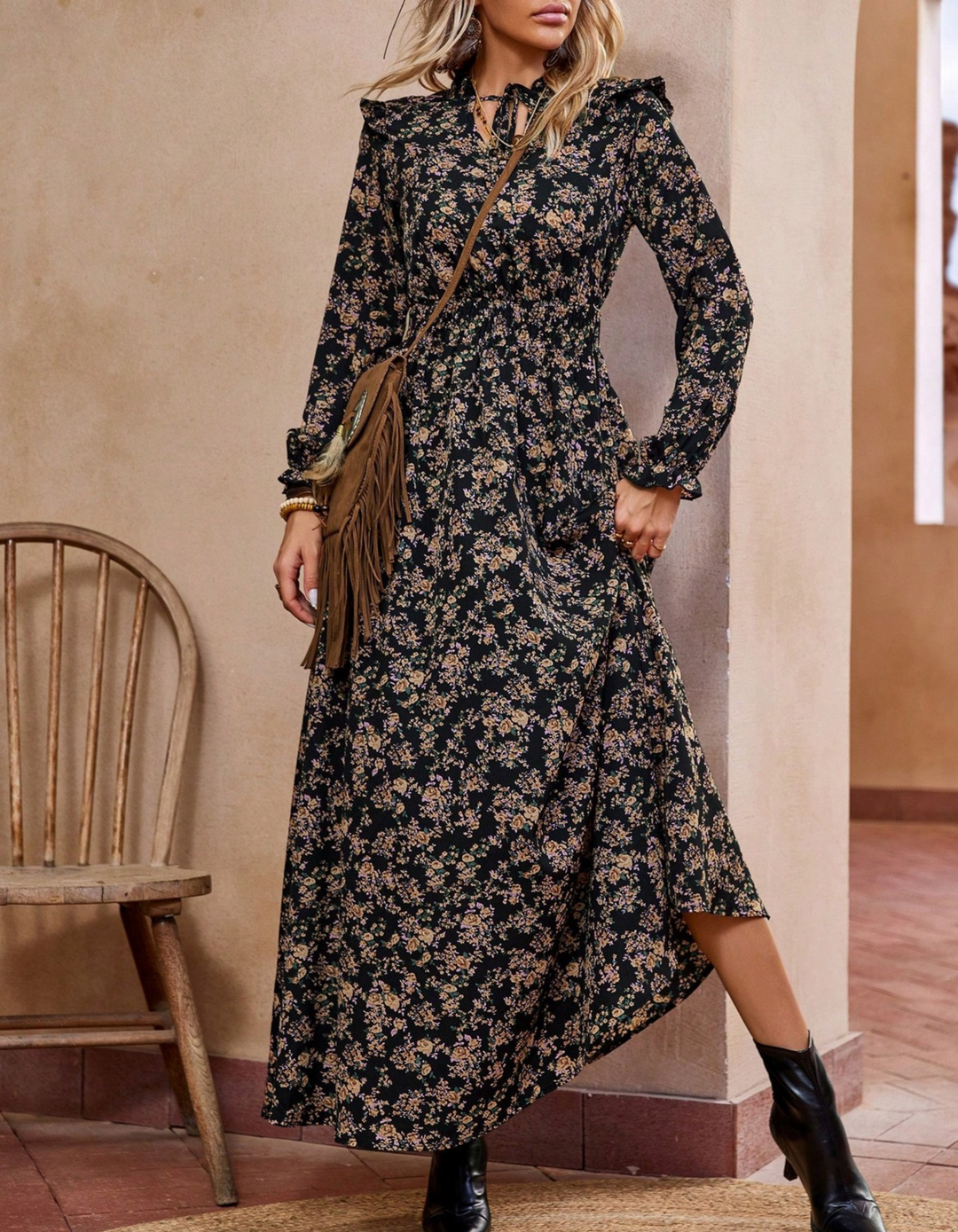 MOREN™ - Elegante Lange Mouwen Bloemenprint A-Lijn Jurk