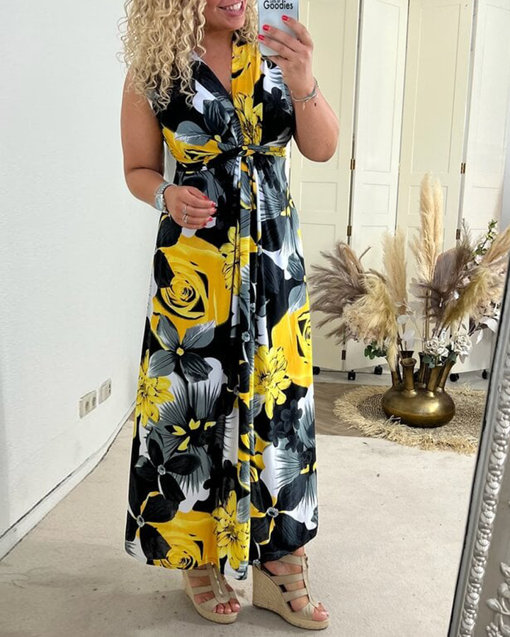 Viola | Vrouwen Bloemen Maxi Jurk Mouwloos Met Strik Voor V-Hals