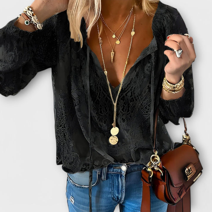 Zeleste | Dames Kant V-Hals Blouse Lange Mouwen Boho Top