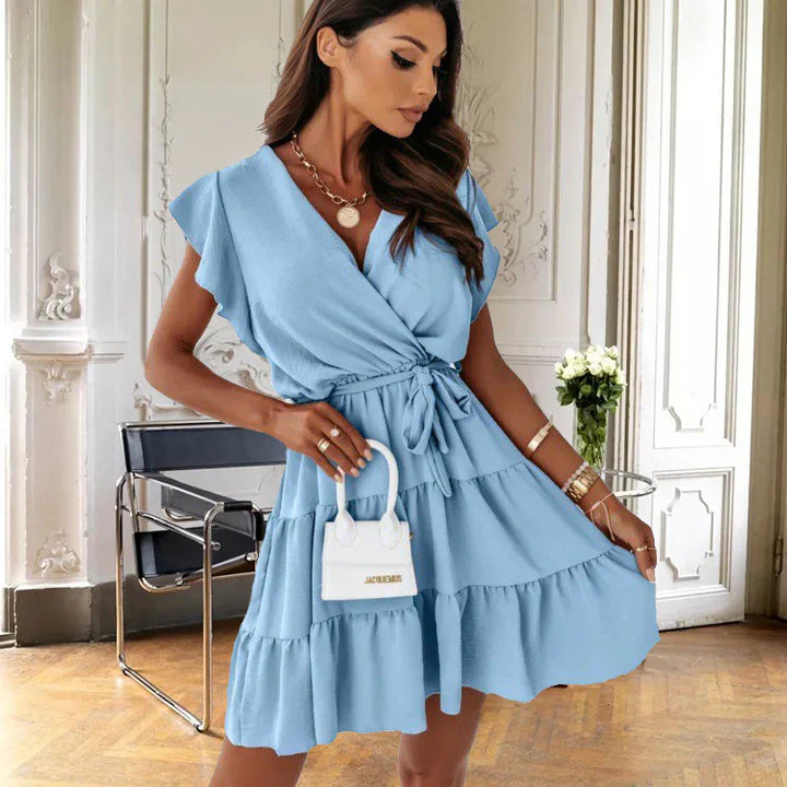 Blossom | Vrouwen Wrap Mini Jurk Met Flutter Mouwen Ruffle Ceintuur