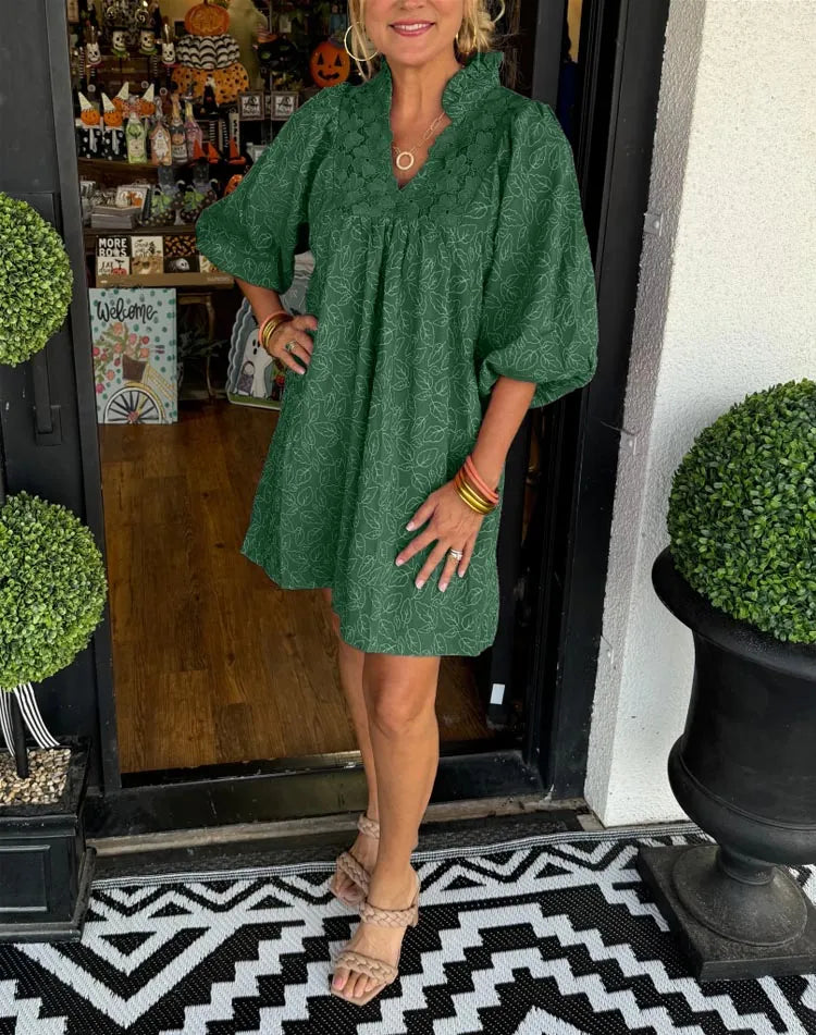 Faye | Dames Puff Sleeve Mini Jurk V-Hals Smock Babydoll
