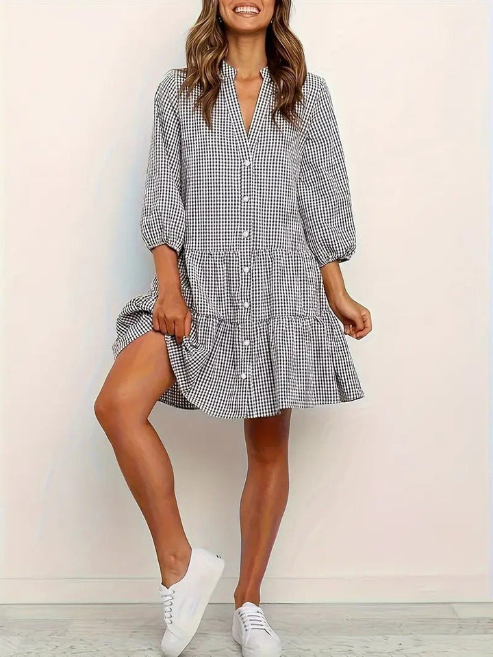 Rosie | Dames Gingham Print Knop-down Mini Jurk 3/4 Mouw