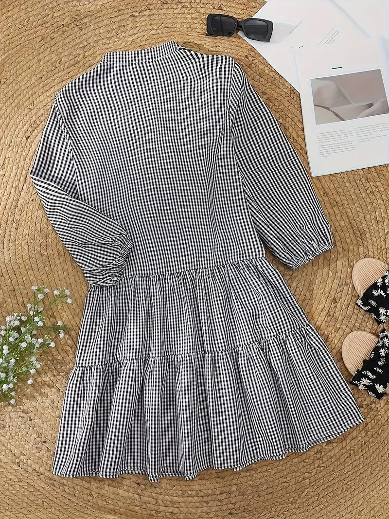 Rosie | Dames Gingham Print Knop-down Mini Jurk 3/4 Mouw