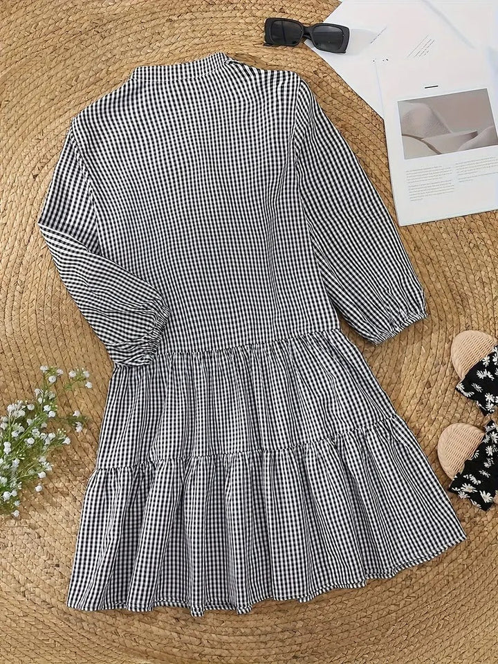 Rosie | Dames Gingham Print Knop-down Mini Jurk 3/4 Mouw