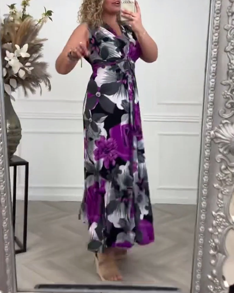 Viola | Vrouwen Bloemen Maxi Jurk Mouwloos Met Strik Voor V-Hals