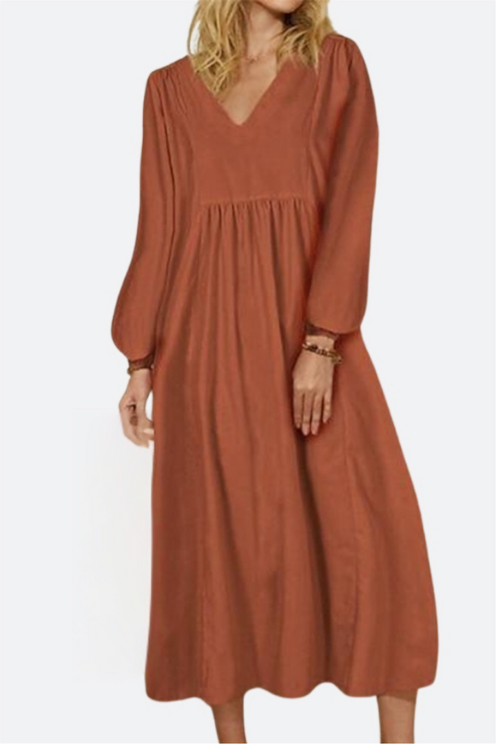 Herfst | Dames Midi-jurk met V-hals en Geraffineerde Taille met Ballonmouwen