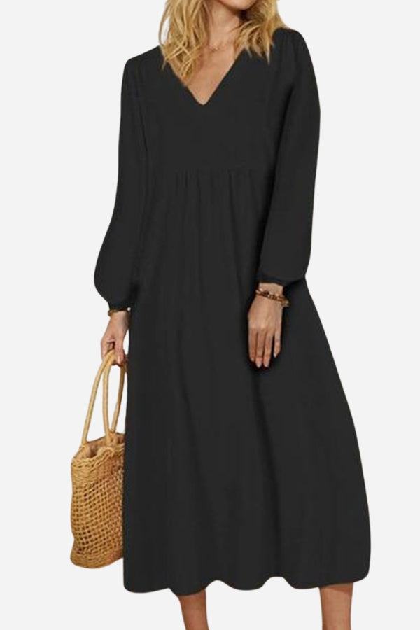 Herfst | Dames Midi-jurk met V-hals en Geraffineerde Taille met Ballonmouwen