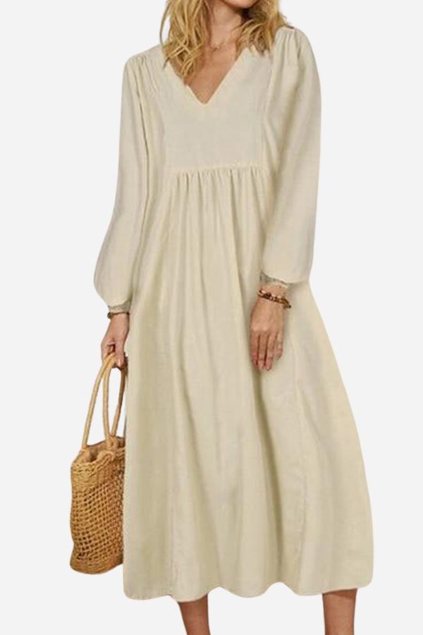 Herfst | Dames Midi-jurk met V-hals en Geraffineerde Taille met Ballonmouwen