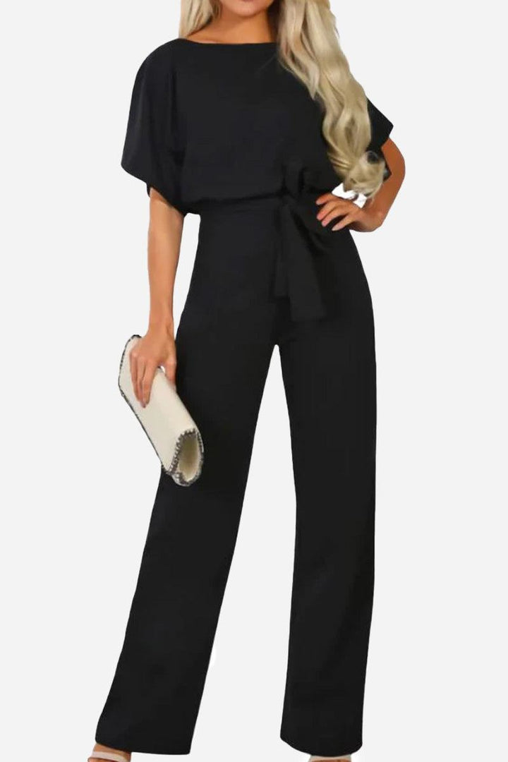 Stella | Dames Wijde Pijpen Jumpsuit met Ceintuur en Vleermuismouwen