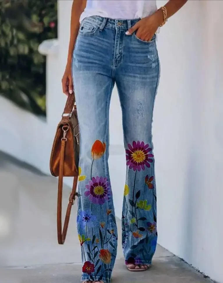 Meadow | Vrouwen Bloemenprint Hoge Taille Flared Jeans
