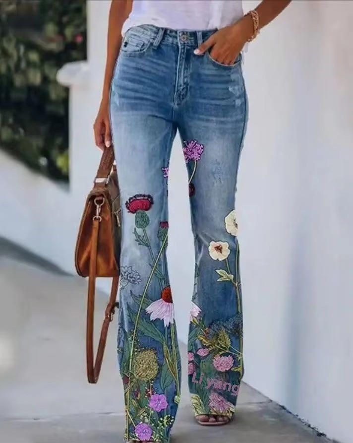 Meadow | Vrouwen Bloemenprint Hoge Taille Flared Jeans