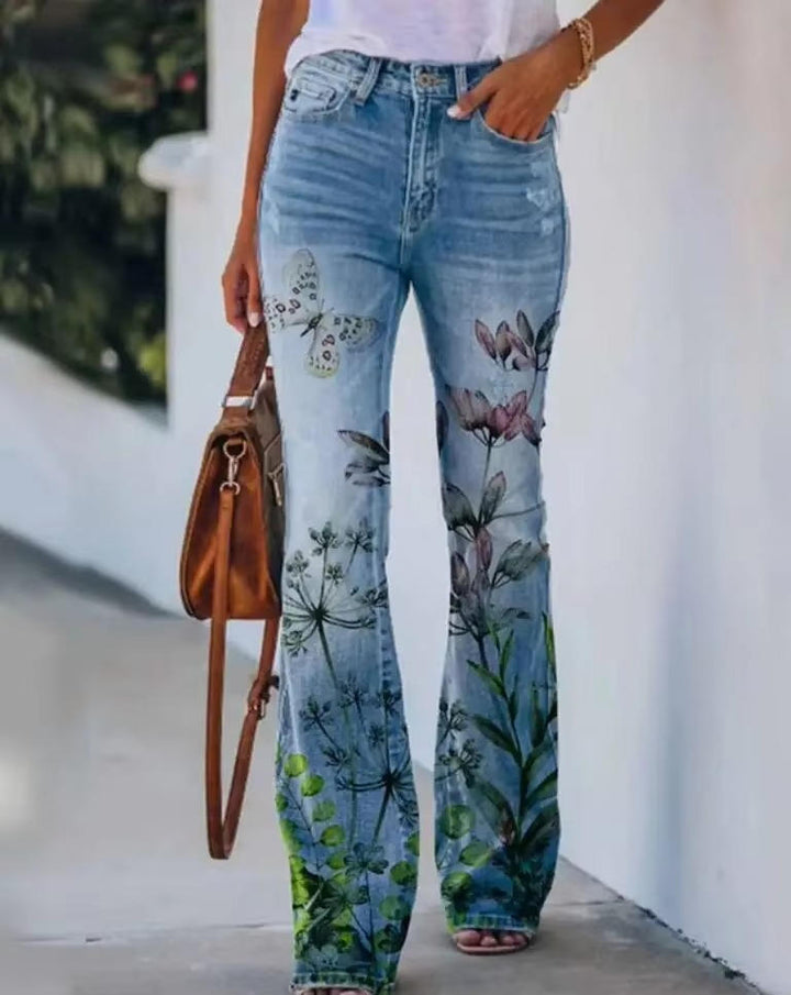 Meadow | Vrouwen Bloemenprint Hoge Taille Flared Jeans