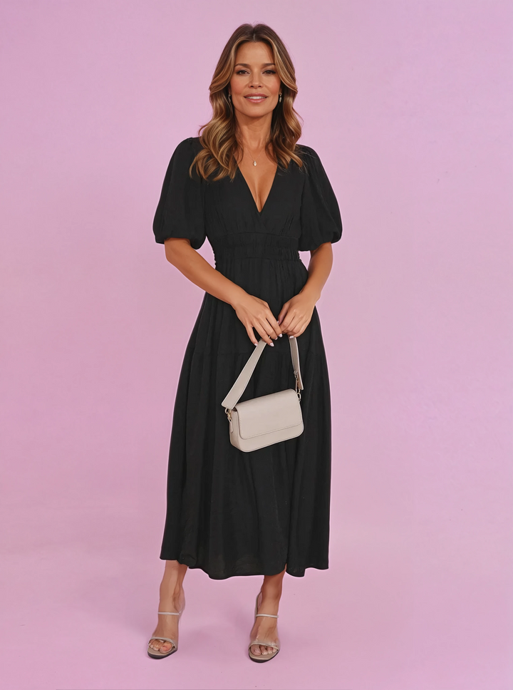 Noelle | Dames Midi-jurk met V-hals en Pofmouwen met Geraffineerde Taille