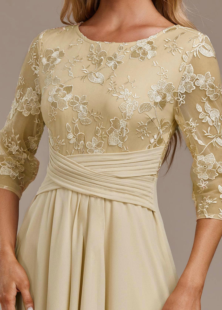 Karla™ | Champagne Bloemen 3/4 Mouw Ronde Hals Jurk
