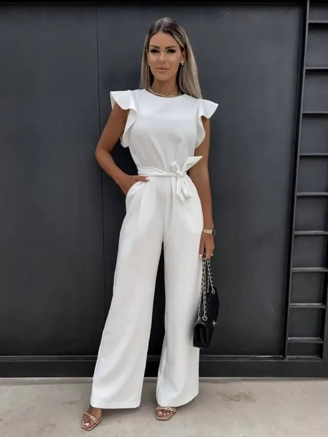 Amber | Dames Ruffle Mouw Brede Pijp Jumpsuit Met Ceintuur Elegant