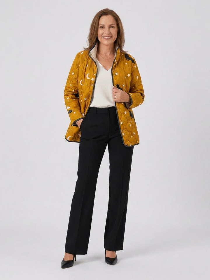 Eira | Casual Zwart Kat Halloween Print Gequilt Jacket