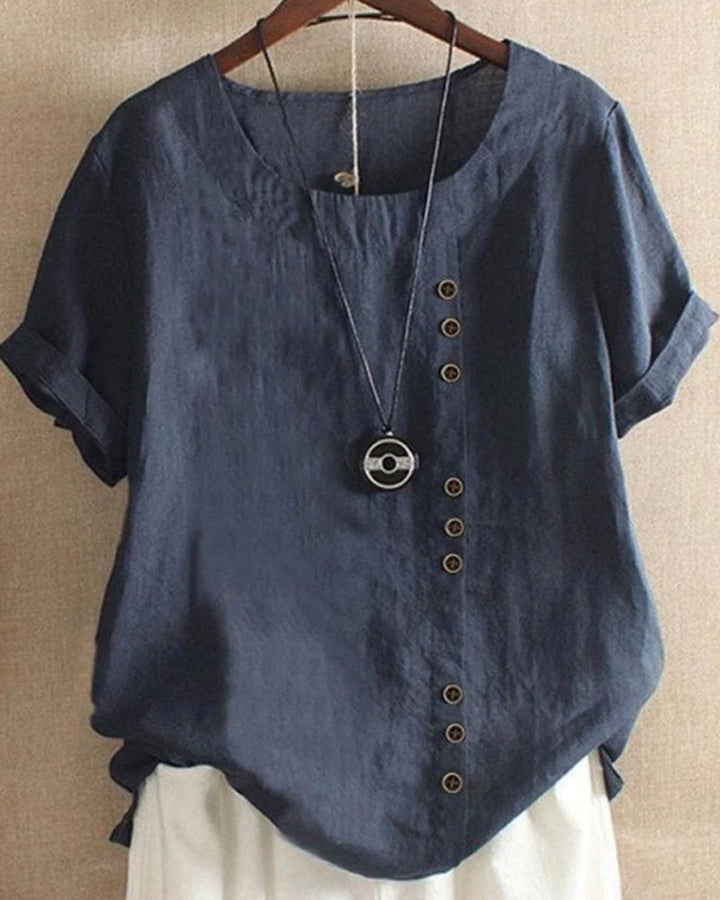 Linnen | Dames Knopen Voor Crew Neck Korte Mouw Casual Top