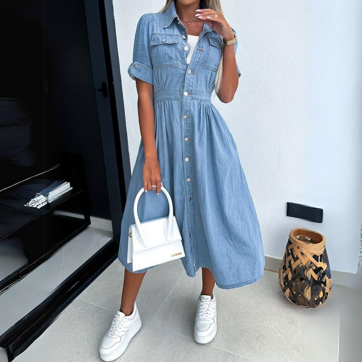 Jade | Dames Denim Knop-Up Midi Jurk Korte Mouwen