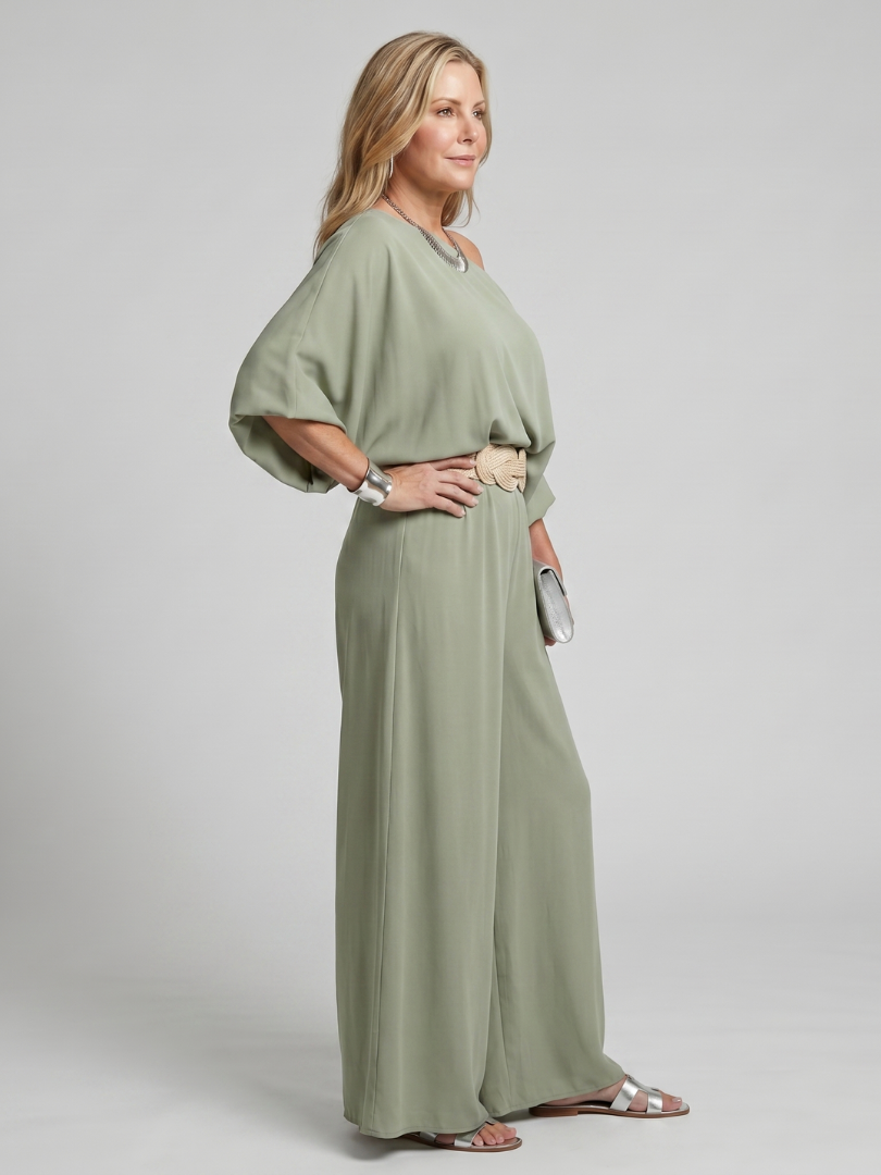 Siomara | Top met Één Schouder en Brede Mouwen en Brede Broek Set