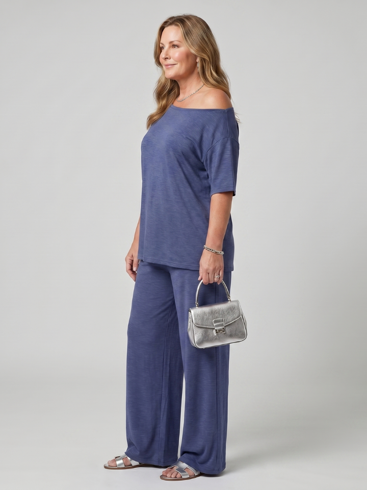 Elarim | Korte Mouw Off Shoulder Top En Wijde Pantalon Set