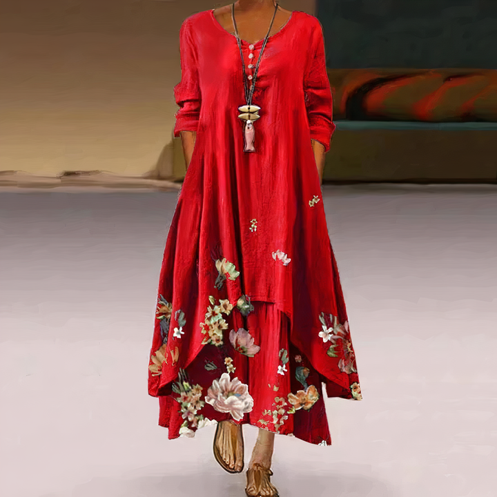 Flora | Dames Lange Mouwen Losse Maxi Jurk met Bloemenprint