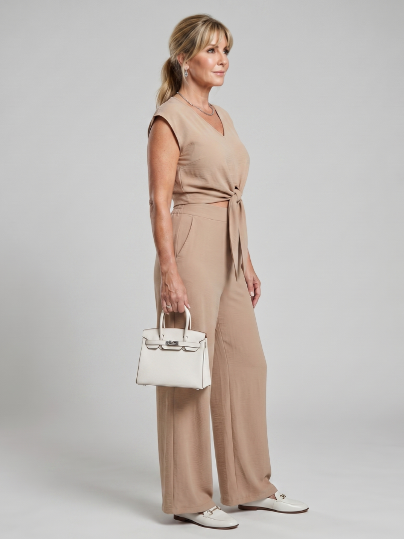 Leonora | Eenvoudige V-hals Mouwloze Top met Brede Pantalon Sets