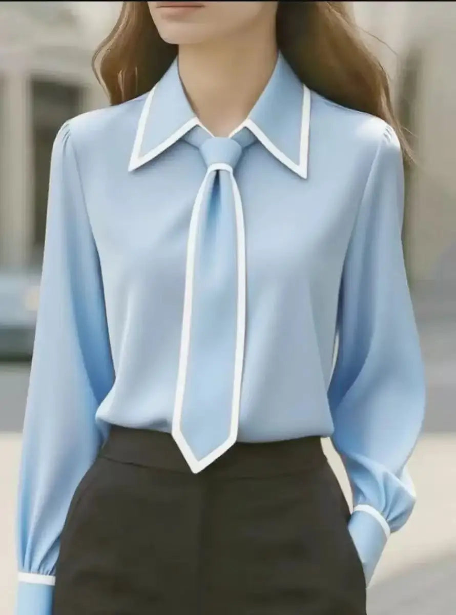 Vivian | Dames Blouse met Lange Mouwen en Striknek met Contrast Kraag