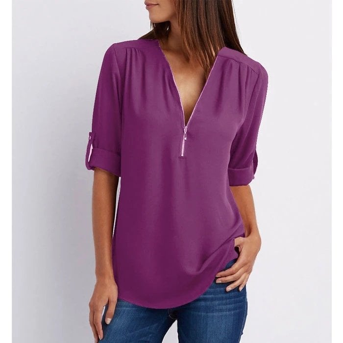 Rosé | Dames Zip-Up V-Hals Halve Mouw Casual Blouse Top