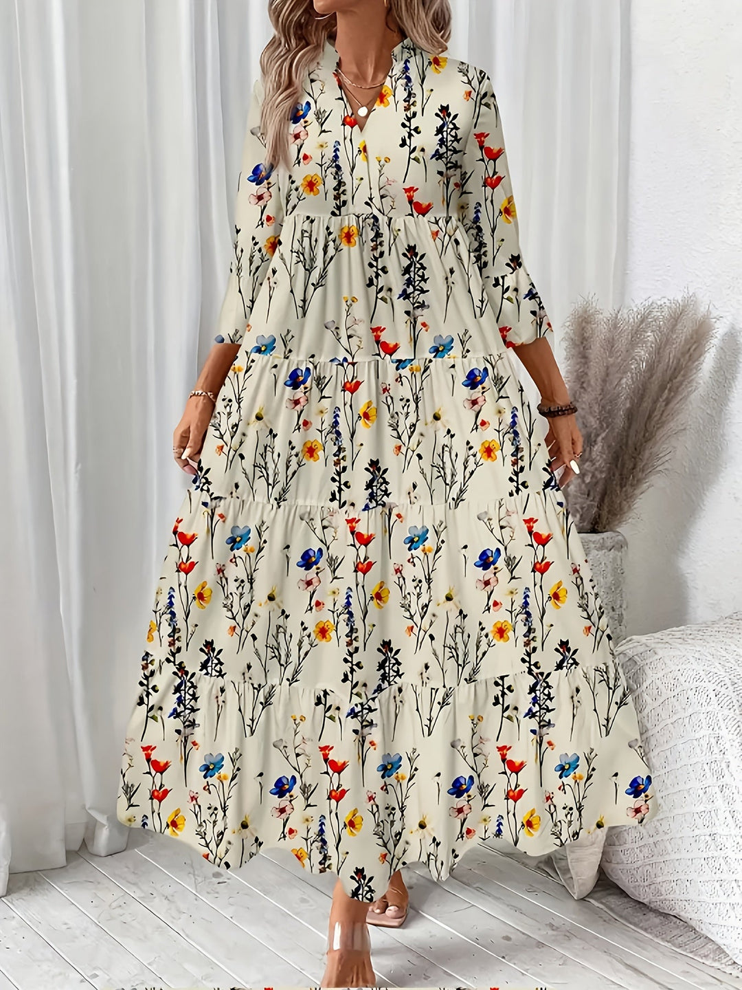 Ines™ - Bloemige Rimpel Plissé Jurk
