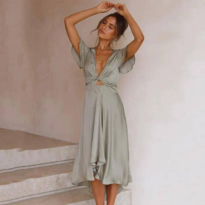 Luna | Dames Satin Midi Jurk Diepe V-Hals Strik Voorzijde Flutter Mouwen