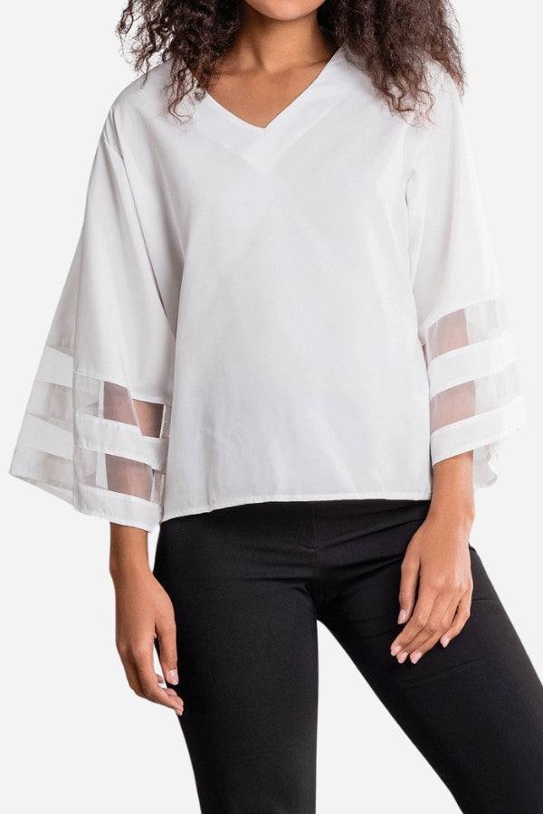 Celeste | Dames V-Hals Blouse met Bell Mouwen en Mesh Paneel Detail