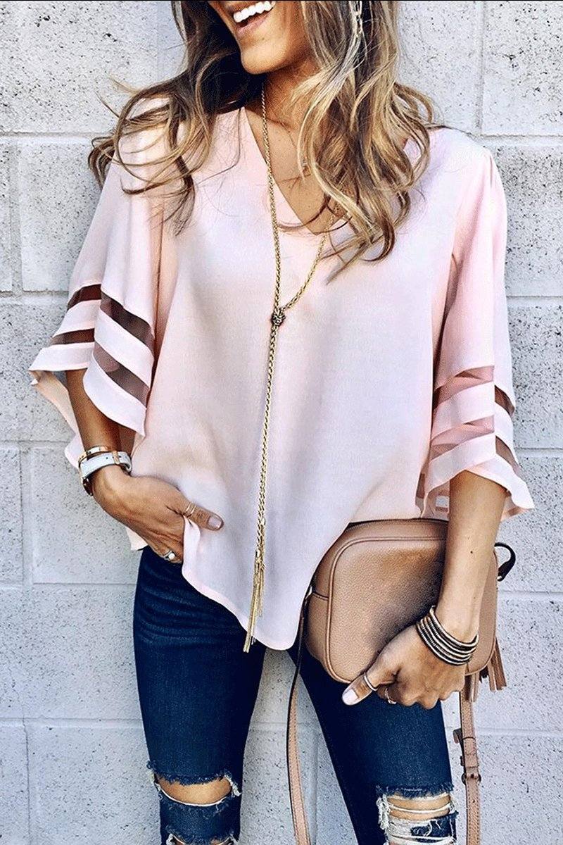 Celeste | Dames V-Hals Blouse met Bell Mouwen en Mesh Paneel Detail