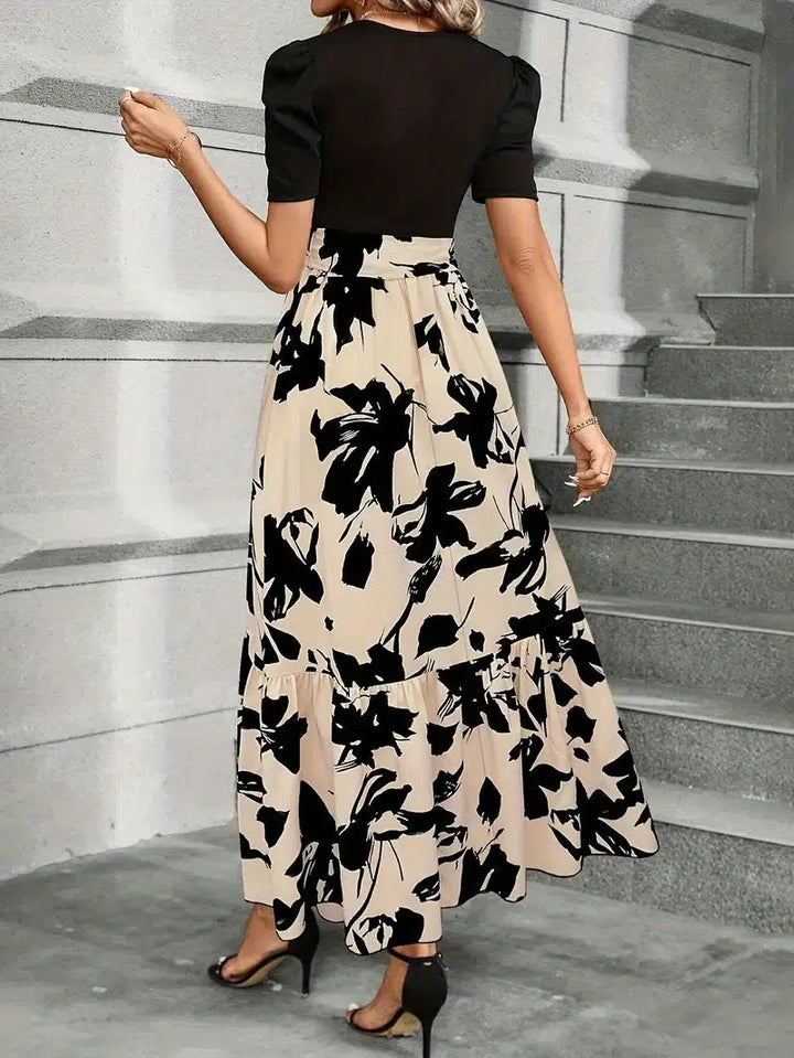 Elise | Dames Maxi-jurk met Pofmouwen en Bloemenprint met Strik Taille
