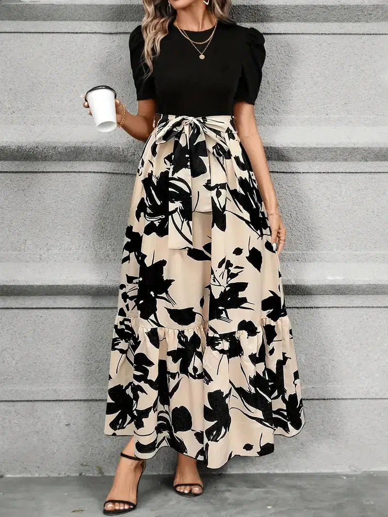 Elise | Dames Maxi-jurk met Pofmouwen en Bloemenprint met Strik Taille